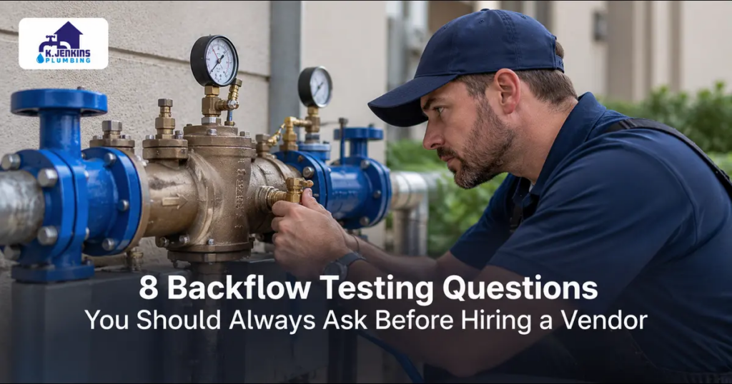 Certified plumber testing a backflow preventer valve at a commercial property in Virginia