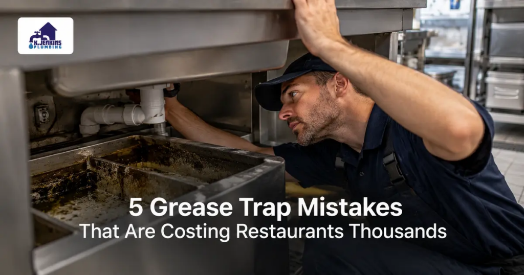 Restaurant kitchen grease trap opened for cleaning by a commercial plumber