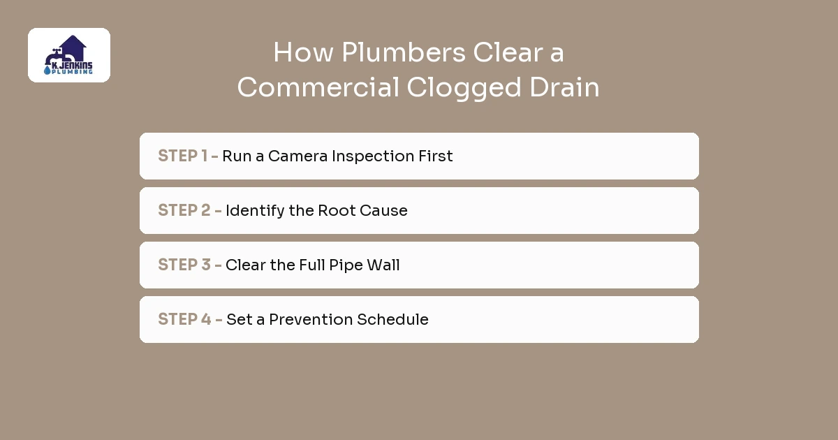 How plumbers clear a commercial clogged drain: camera inspection, identify root cause, clear full pipe wall, set prevention schedule
