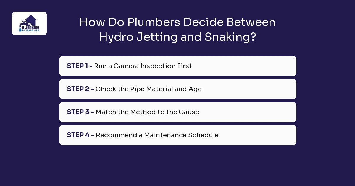 Plumber deciding between hydro jetting and snaking for a commercial drain line