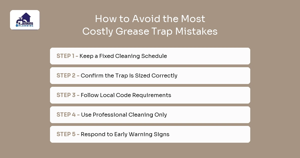 Infographic listing five steps to avoid the most costly grease trap mistakes