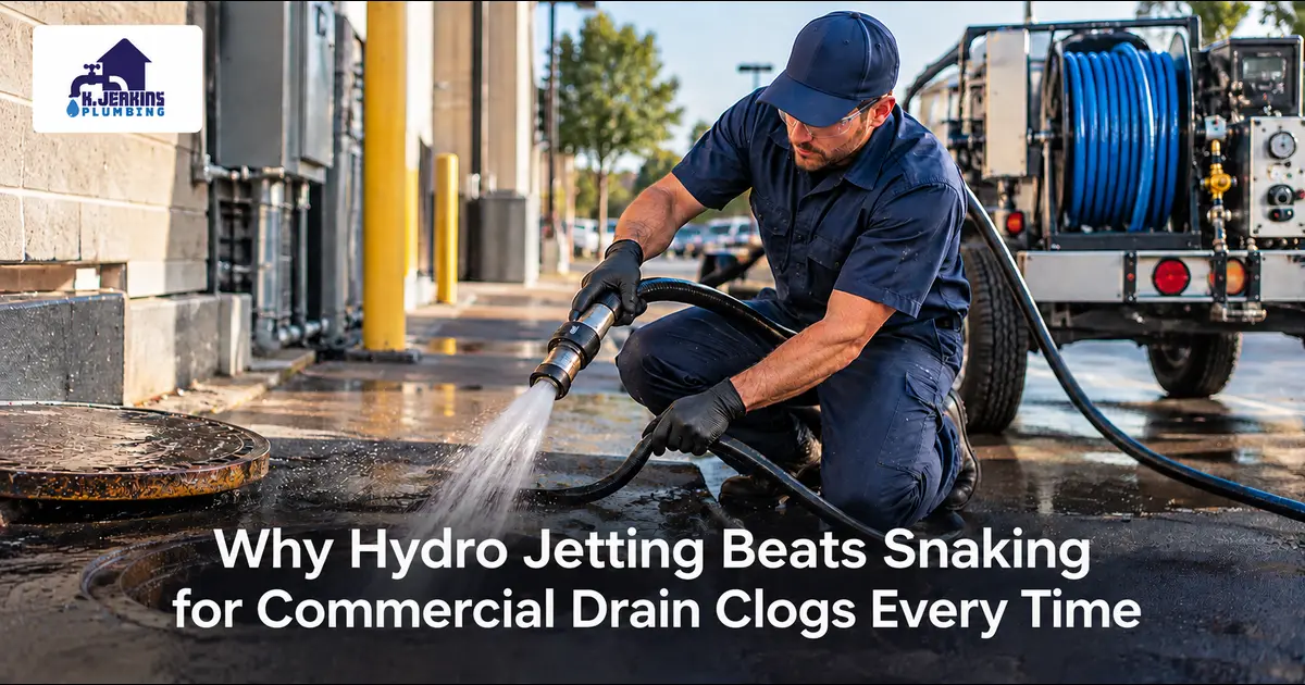 Plumber comparing a hydro jetting hose against a drain snake for a commercial building