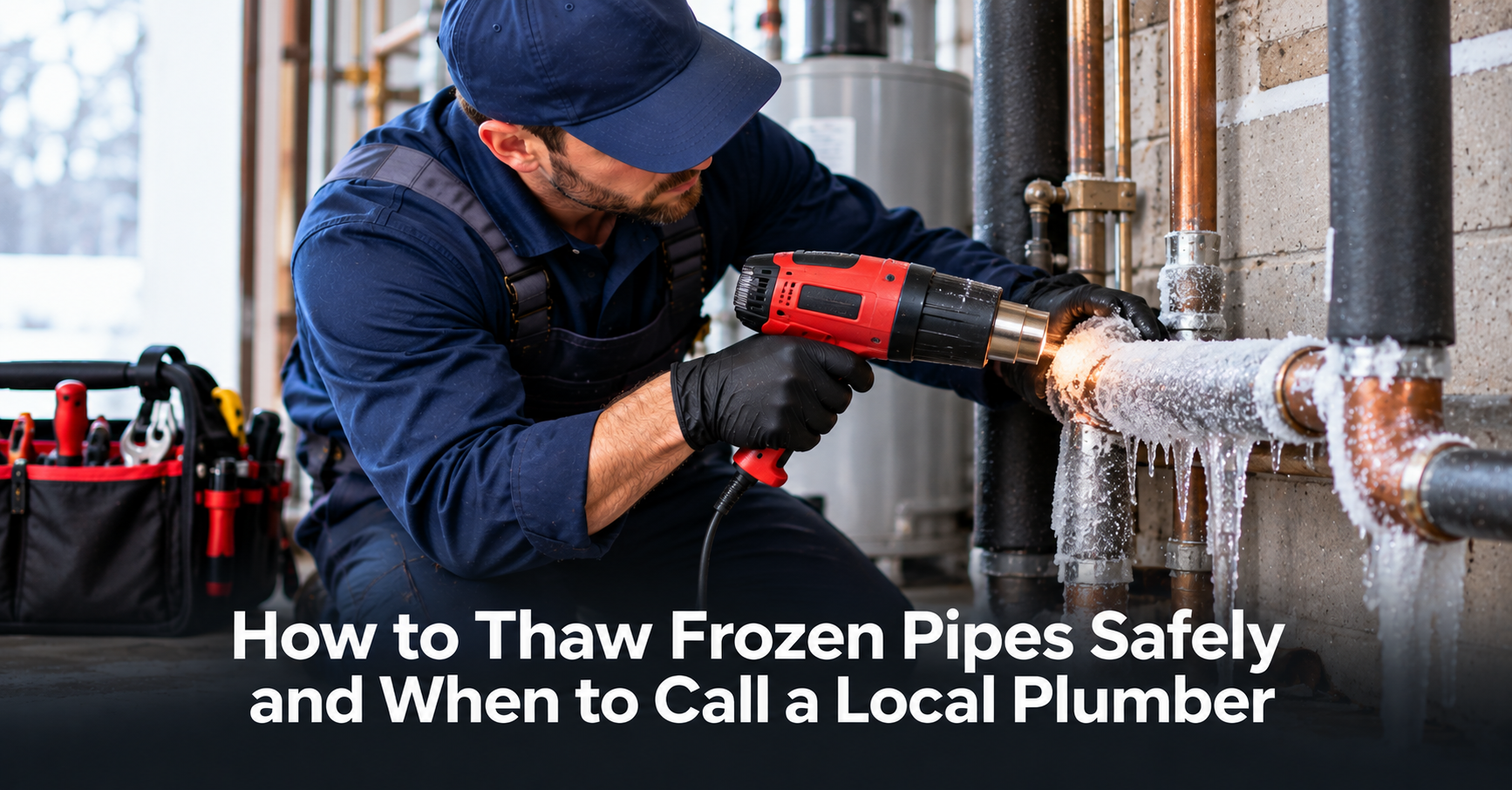 Plumber using a heat gun to thaw frozen pipes covered in ice