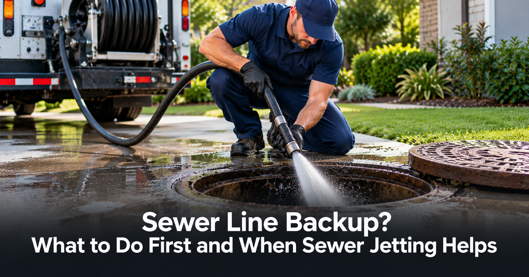 Plumber using a high-pressure jetting hose in an open sewer access to clear a sewer line backup