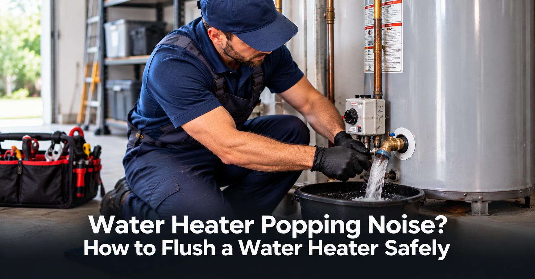 Plumber flushing a water heater tank into a bucket to fix a popping noise